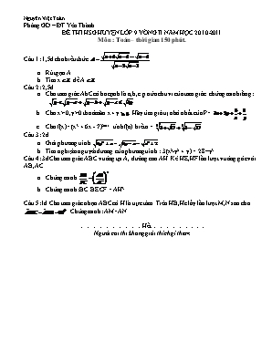 Đề thi học sinh giỏi huyện môn Toán Lớp 9 - Vòng II - Năm học 2010-2011 - Phòng GD và ĐT Yên Thành