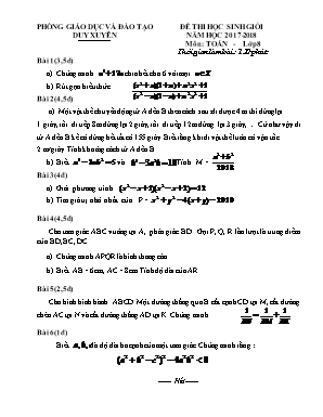 Đề thi học sinh giỏi môn Toán Lớp 8 - Năm học 2017-2018 - Phòng giáo dục và đào tạo Duy Xuyên (Có đáp án)