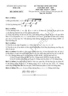 Đề thi học sinh giỏi tỉnh môn Toán Lớp 9 - Năm học 2018-2019 - Sở giáo dục và đào tạo Đăk Lăk (Có đáp án)