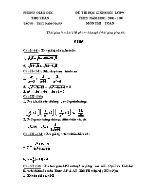 Đề thi học sinh môn Toán Lớp 9 - Năm học 2006-2007 - Trường THCS Nam Giang (Có đáp án)