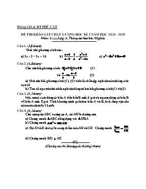 Đề thi khảo sát chất lượng học kỳ II môn Toán Lớp 8 - Năm học 2014-2015 - Phòng giáo dục và đào tạo Phù Cát (Có đáp án)