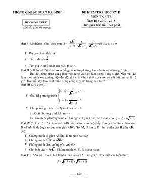 Đề thi kiểm tra học kì II môn Toán Lớp 9 - Năm học 2017-2018 - Phòng giáo dục và đào tạo quận Ba Đình (Có đáp án)