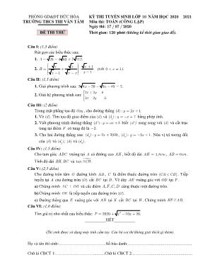 Đề thi thử tuyển sinh Lớp 10 THPT môn Toán (Công lập) - Ngày thi 17/07/2020 - Trường TH và THCS Thi Văn Tám (Có đáp án)