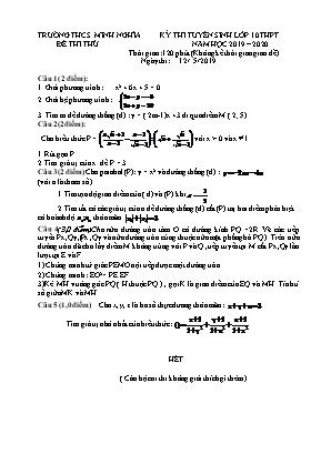 Đề thi thử tuyển sinh Lớp 10 THPT môn Toán - Năm học 2019-2020 - Trường THCS Minh Nghĩa (Có đáp án)