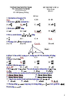 Đề thi thử vào Lớp 10 THPT môn Toán - Đề số 1 - Đỗ Quang Thắng (Có đáp án)