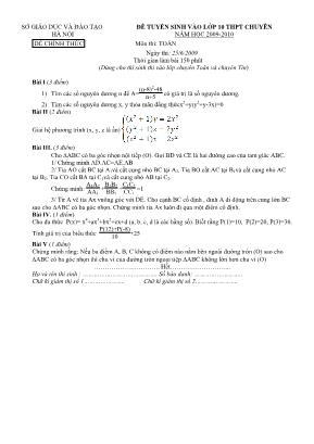 Đề thi tuyển sinh Lớp 10 THPT chuyên môn Toán - Năm học 2009-2010 - Sở giáo dục và đào tạo Hà Nội (Có đáp án)