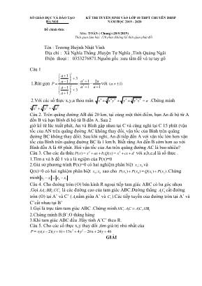 Đề thi tuyển sinh vào Lớp 10 THPT chuyên ĐHSP môn Toán (Chung) - Năm học 2019-2020 - Sở giáo dục và đào tạo Hà Nội (Có đáp án)