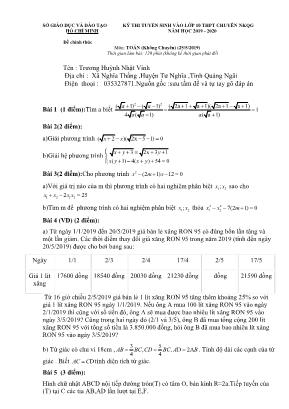Đề thi tuyển sinh vào Lớp 10 THPT chuyên NKQG môn Toán (Không chuyên) - Năm học 2019-2020 - Sở giáo dục và đào tạo Hồ Chí Minh (Có đáp án)