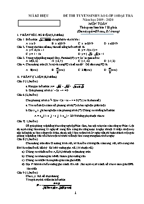 Đề thi tuyển sinh vào Lớp 10 THPT đại trà môn Toán - Năm học 2019-2020 (Có đáp án)