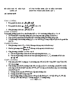 Đề thi tuyển sinh vào Lớp 10 THPT môn Toán (Hệ công lập) - Năm học 2019-2020 - Sở giáo dục và đào tạo Long An