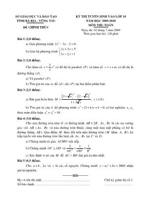 Đề thi tuyển sinh vào Lớp 10 THPT môn Toán - Năm học 2009-2010 - Sở giáo dục và đào tạo tỉnh Bà Rịa - Vũng Tàu (Có đáp án)