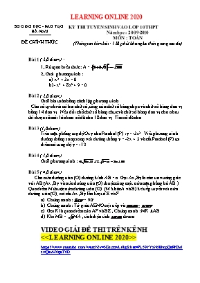 Đề thi tuyển sinh vào Lớp 10 THPT môn Toán - Năm học 2009-2010 - Sở giáo dục và đào tạo Hà Nam