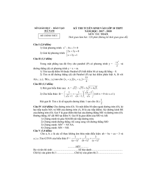 Đề thi tuyển sinh vào Lớp 10 THPT môn Toán - Năm học 2017-2018 - Sở giáo dục và đào tạo Hà Nam