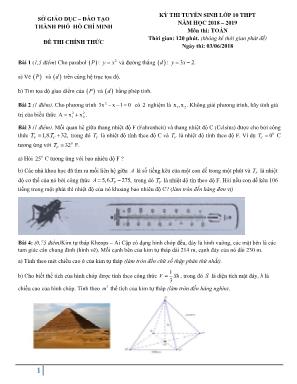 Đề thi tuyển sinh vào Lớp 10 THPT môn Toán - Năm học 2018-2019 - Sở giáo dục và đào tạo thành phố Hồ Chí Minh