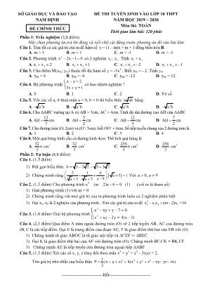 Đề thi tuyển sinh vào Lớp 10 THPT môn Toán - Năm học 2019-2020 - Sở giáo dục và đào tạo Nam Định (Có đáp án)