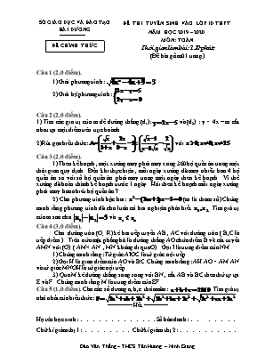 Đề thi tuyển sinh vào Lớp 10 THPT môn Toán - Năm học 2019-2020 - Sở giáo dục và đào tạo Hải Dương (Có đáp án)