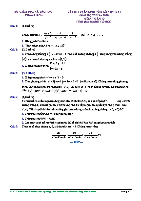 Đề thi tuyển sinh vào Lớp 10 THPT môn Toán - Năm học 2019-2020 - Sở giáo dục và đào tạo Thanh Hóa (Có lời giải)