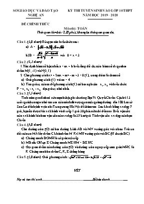 Đề thi tuyển sinh vào Lớp 10 THPT môn Toán - Năm học 2019-2020 - Sở giáo dục và đào tạo Nghệ An