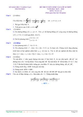 Đề thi tuyển sinh vào Lớp 10 THPT môn Toán - Năm học 2019-2020 - Sở giáo dục và đào tạo Thanh Hóa (Có đáp án)