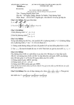 Đề thi vào Lớp 10 THPT chuyên môn Toán (Chung) - Năm học 2019-2020 - Sở giáo dục và đào tạo Hà Nam