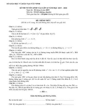 Đề tuyển sinh vào Lớp 10 môn Toán (Không chuyên) - Năm học 2019-2020 - Sở giáo dục và đào tạo Tây Ninh (Có lời giải)