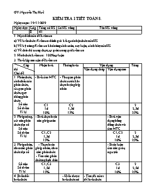 Giáo án Đại số Lớp 8 - Kiểm tra 1 tiết - Năm học 2018-2019 - Nguyễn Thị Huế