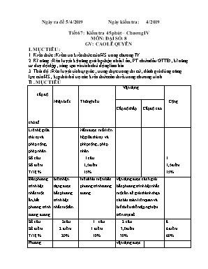 Giáo án Đại số Lớp 8 - Tiết 67: Kiểm tra 45 phút - Chương IV - Năm học 2018-2019