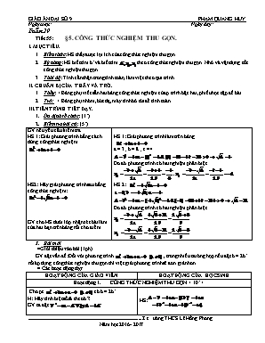 Giáo án Đại số Lớp 9 - Tiết 55: Công thức nghiệm thu gọn - Năm học 2016-2017 - Phạm Quang Huy