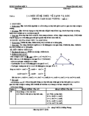 Giáo án Hình học Lớp 9 - Tiết 11: Một số hệ thức về cạnh và góc trong tam giác vuông (Tiết 1) - Năm học 2017-2018 - Phạm Quang Huy