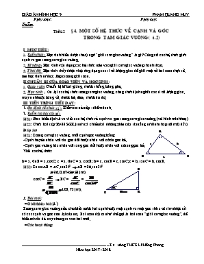 Giáo án Hình học Lớp 9 - Tiết 12: Một số hệ thức về cạnh và góc trong tam giác vuông (Tiết 2) - Năm học 2017-2018 - Phạm Quang Huy