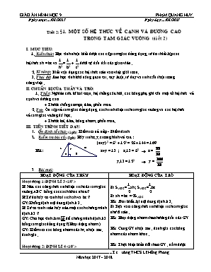 Giáo án Hình học Lớp 9 - Tiết 2: Một số hệ thức về cạnh và đường cao trong tam giác vuông (Tiết 2) - Năm học 2017-2018 - Phạm Quang Huy