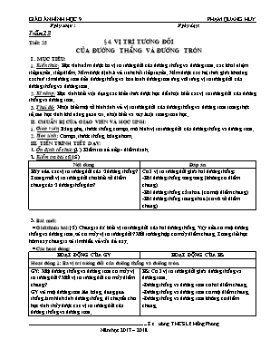 Giáo án Hình học Lớp 9 - Tiết 25: Vị trí tương đối của đường thẳng và đường tròn - Năm học 2017-2018 - Phạm Quang Huy