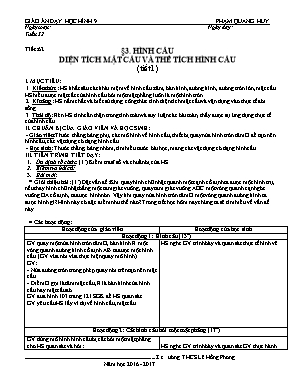 Giáo án Hình học Lớp 9 - Tiết 62: Hình cầu diện tích mặt cầu và thể tích hình cầu (Tiết 1) - Năm học 2016-2017 - Phạm Quang Huy