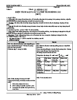 Giáo án Hình học Lớp 9 - Tiết 63: Hình cầu diện tích mặt cầu và thể tích hình cầu (Tiết 2) - Năm học 2016-2017 - Phạm Quang Huy