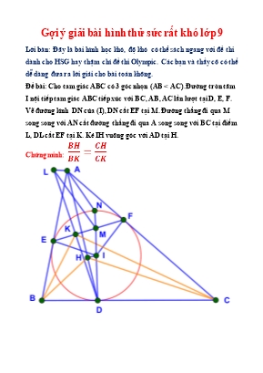 Gợi ý giải bài hình học thử sức rất khó Lớp 9