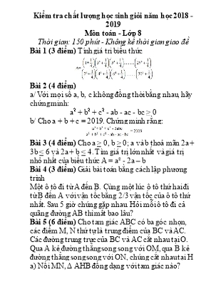 Kiểm tra chất lượng học sinh giỏi môn Toán Lớp 8 - Năm học 2018-2019