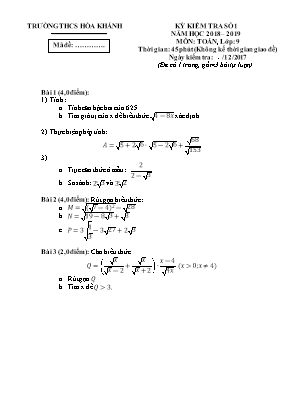 Kỳ kiểm tra số 1 môn Đại số Lớp 9 - Năm học 2018-2019 - Trường THCS Hòa Khánh