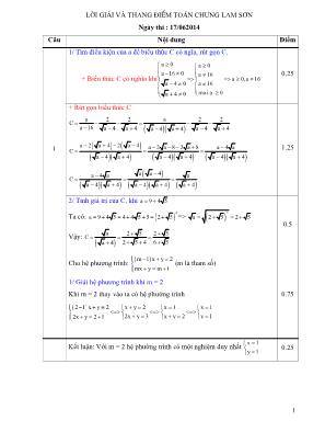 Lời giải và thang điểm đề thi tuyển sinh vào Lớp 10 THPT môn Toán (Đề chung) huyện Lam Sơn năm 2014