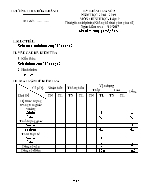 Ma trận và đề kiểm tra số 2 môn Đại số Lớp 9 - Năm học 2018-2019 - Trường THCS Hòa Khánh