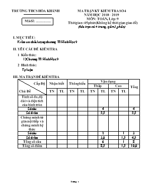 Ma trận và đề kiểm tra số 4 môn Đại số Lớp 9 - Năm học 2018-2019 - Trường THCS Hòa Khánh (Có đáp án)