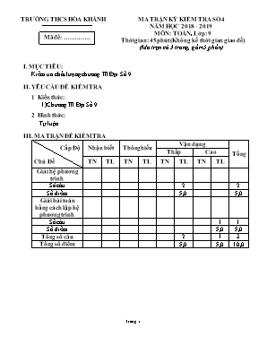 Ma trận và kỳ kiểm tra số 4 môn Đại số Lớp 9 - Năm học 2018-2019 - Trường THCS Hòa Khánh (Có đáp án)