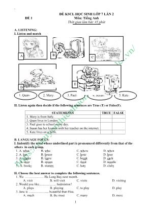 10 Đề khảo sát chất lượng học sinh giỏi môn Tiếng Anh Lớp 7 lần 2