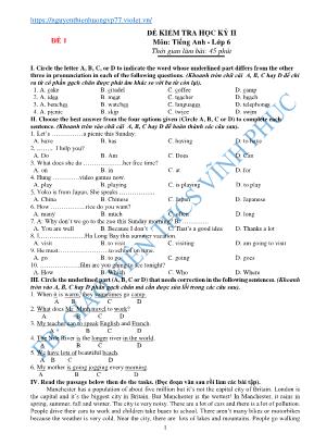 4 Đề kiểm tra học kỳ II môn Tiếng Anh Lớp 6 - Nguyễn Thiên Hương (Có đáp án)