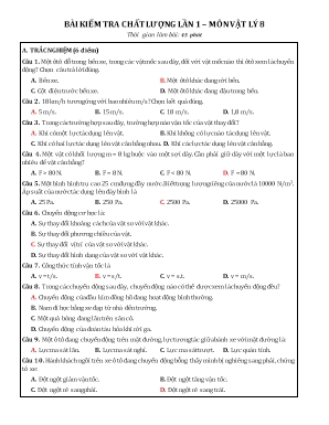 Bài kiểm tra chất lượng lần 1 môn Vật lý Lớp 8 (Kèm đáp án)