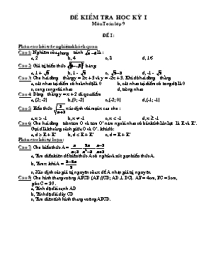 Bộ đề tra học kỳ I môn Toán Lớp 9 (Có đáp án)