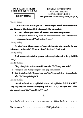 Đề khảo sát học sinh mô Lịch sử Lớp 8 - Năm học 2012-2013 - Phòng giáo dục và đào tạo huyện Ninh Giang (Có đáp án)