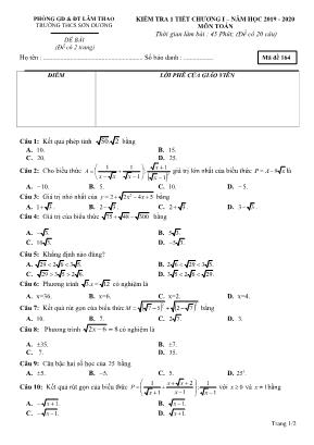 Đề kiểm tra 1 tiết Chương I môn Đại số Lớp 9 - Mã đề 164 - Năm học 2019-2020 - Trường THCS Sơn Dương