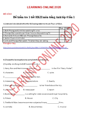 Đề kiểm tra 1 tiết học kỳ II môn Tiếng Anh Lớp 6 năm 2020 - Lần 1 - Đề số 2 (Có đáp án)