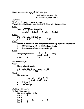 Đề kiểm tra 1 tiết môn Đại số Lớp 9 - Tiết 17 - Nguyễn Thị Kim Hoa (Có đáp án)