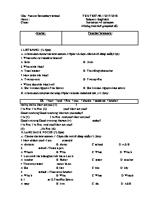 Đề kiểm tra 1 tiết môn Tiếng Anh Lớp 6 - Năm học 2017-2018 - Trường THCS Chu Văn An (Có đáp án)